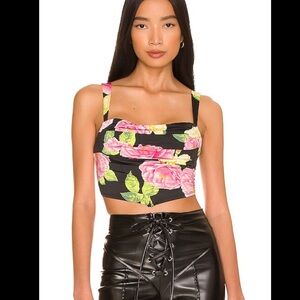 Afrm Vana Floral Draped Crop Bustier Top - Black with Pink Roses